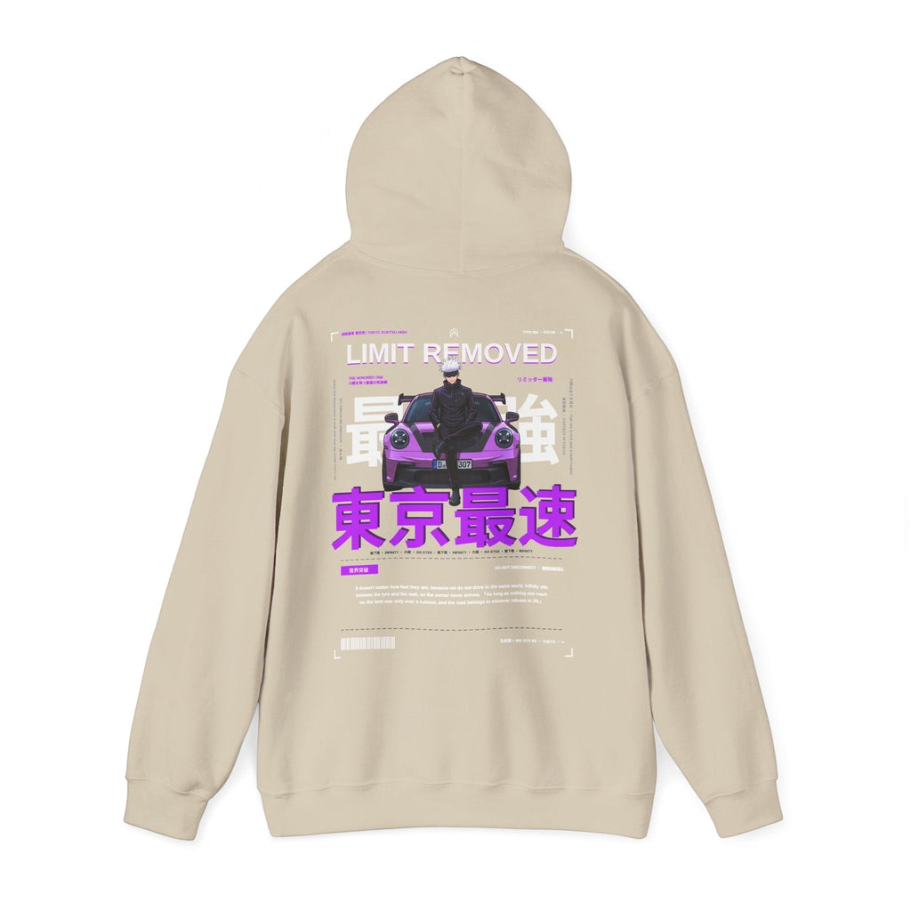 Avenue beige hoodie featuring a back graphic of a purple sports car, anime character, and Japanese kanji text.