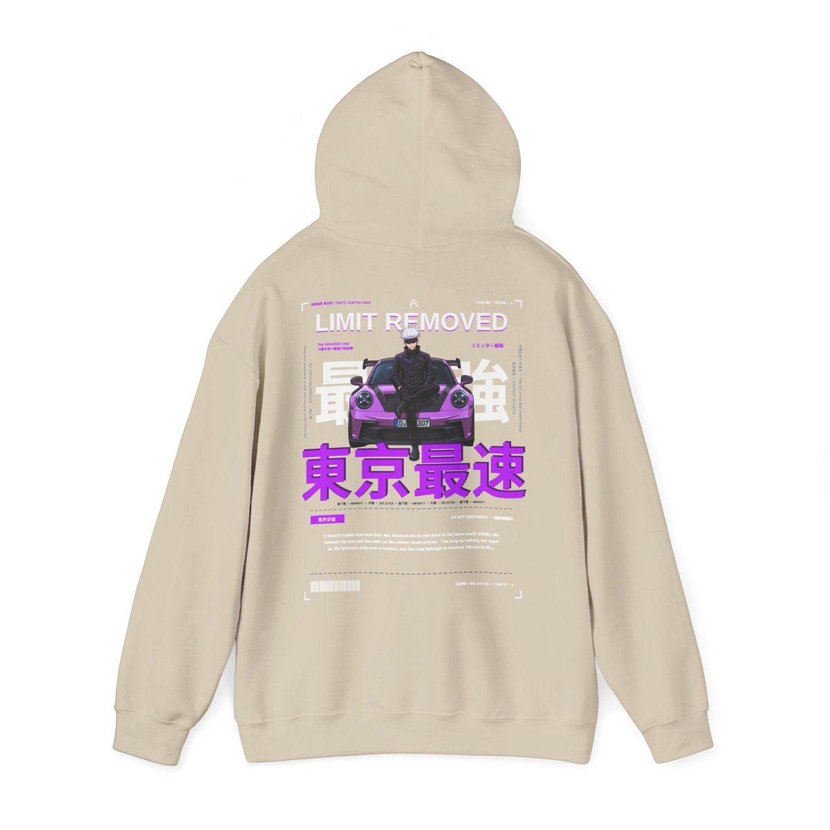 Avenue beige hoodie featuring a back graphic of a purple sports car, anime character, and Japanese kanji text.