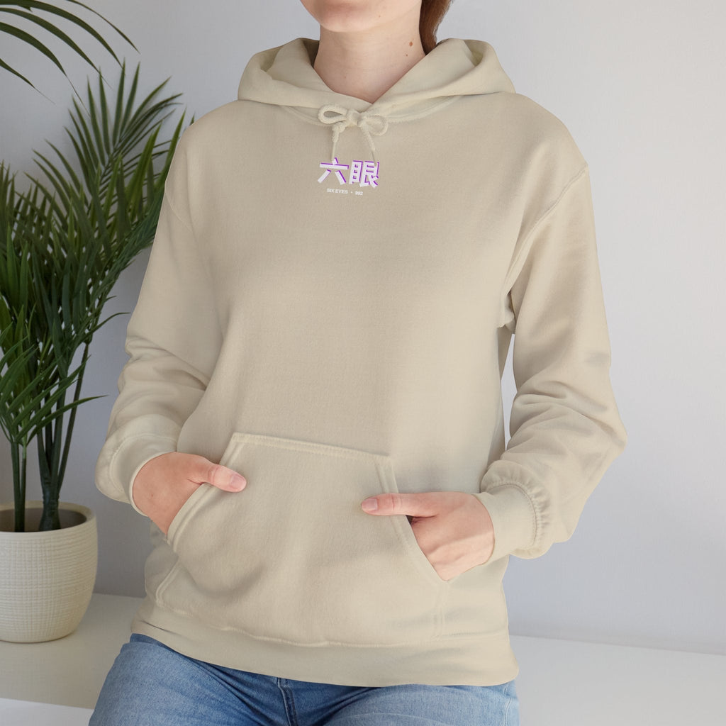 Avenue beige cotton-poly hoodie with a small pink and white Japanese character graphic on the chest and kangaroo pocket
