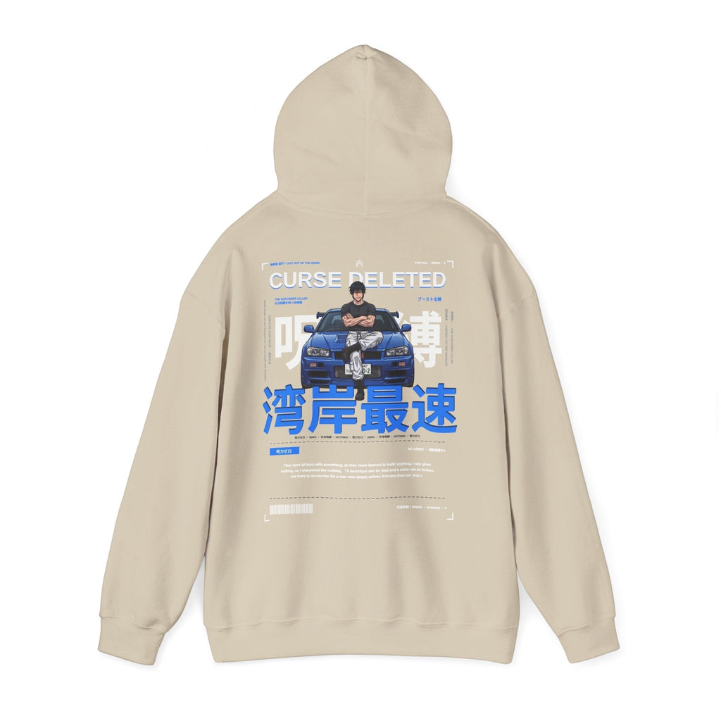 Avenue beige cotton-poly hoodie featuring a back graphic of a driver leaning on a blue R34 car with Japanese text.