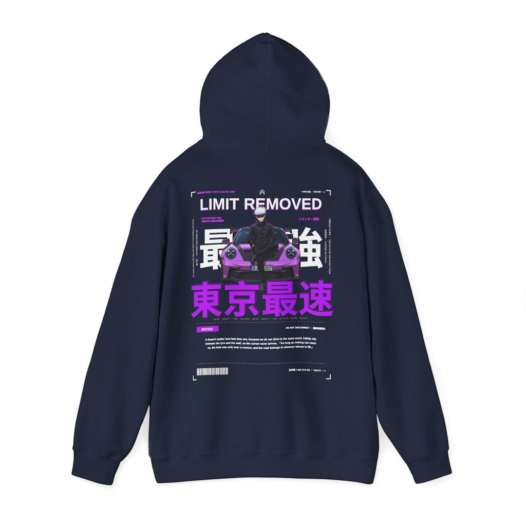 Avenue black hoodie featuring a back graphic of a purple sports car, anime character, and bold Japanese text.