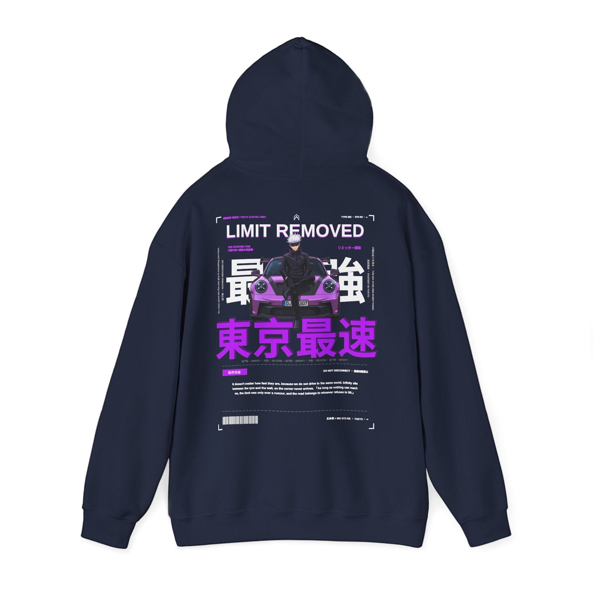 Avenue black hoodie featuring a back graphic of a purple sports car, anime character, and bold Japanese text.