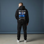 Avenue black hoodie with back graphic of a blue R34 car and driver, featuring electric-blue Chinese character text.