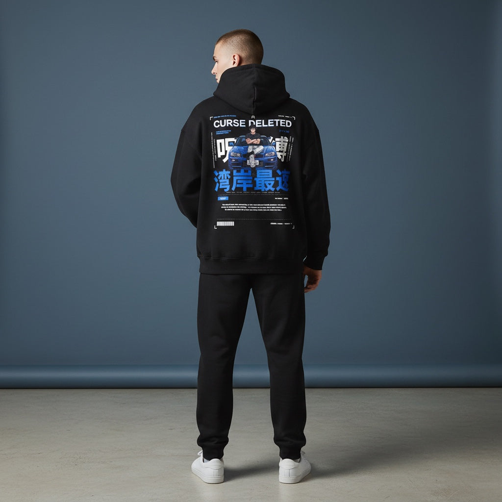 Avenue black hoodie with back graphic of a blue R34 car and driver, featuring electric-blue Chinese character text.