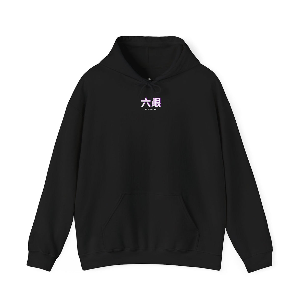 Avenue black cotton-poly hoodie featuring a small pink and white Japanese character graphic on the chest.