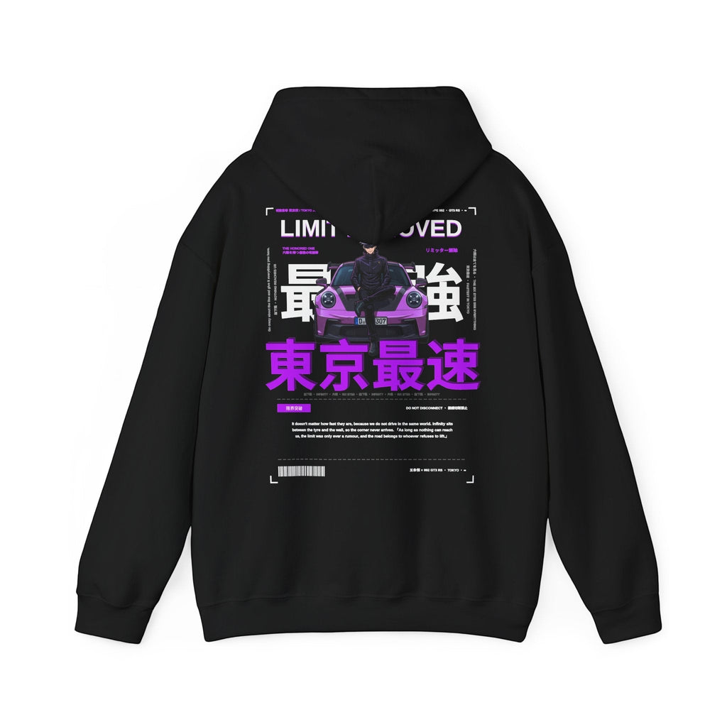 Avenue black hoodie featuring a back graphic of a purple sports car, Japanese kanji, and Tokyo street racing text.