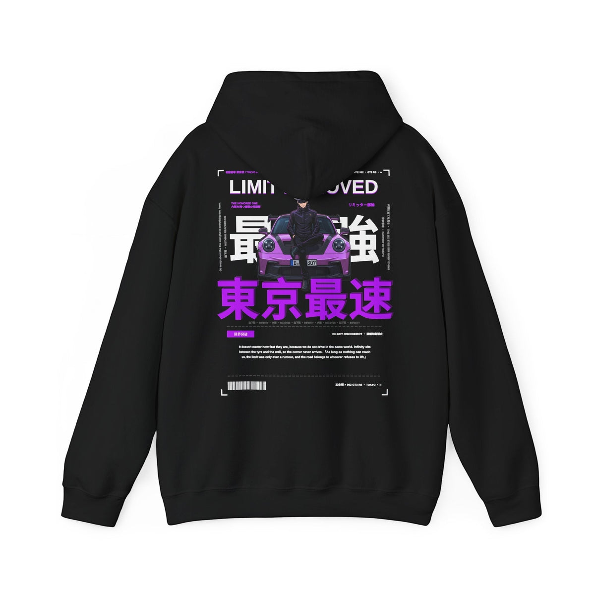 Avenue black hoodie featuring a back graphic of a purple sports car, Japanese kanji, and Tokyo street racing text.