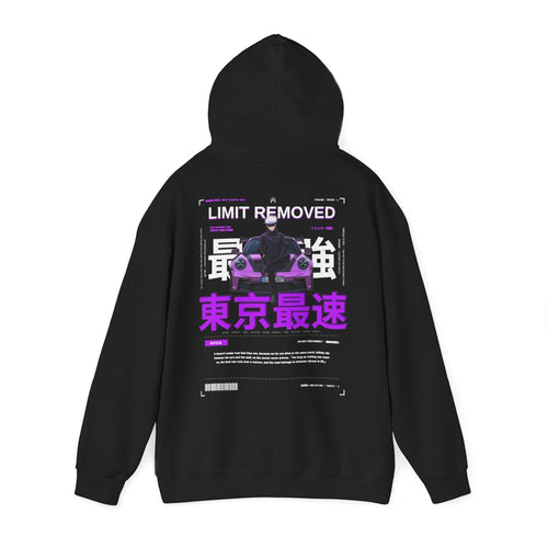 Avenue black hoodie featuring a back graphic of a purple sports car, anime character, and bold Japanese text.