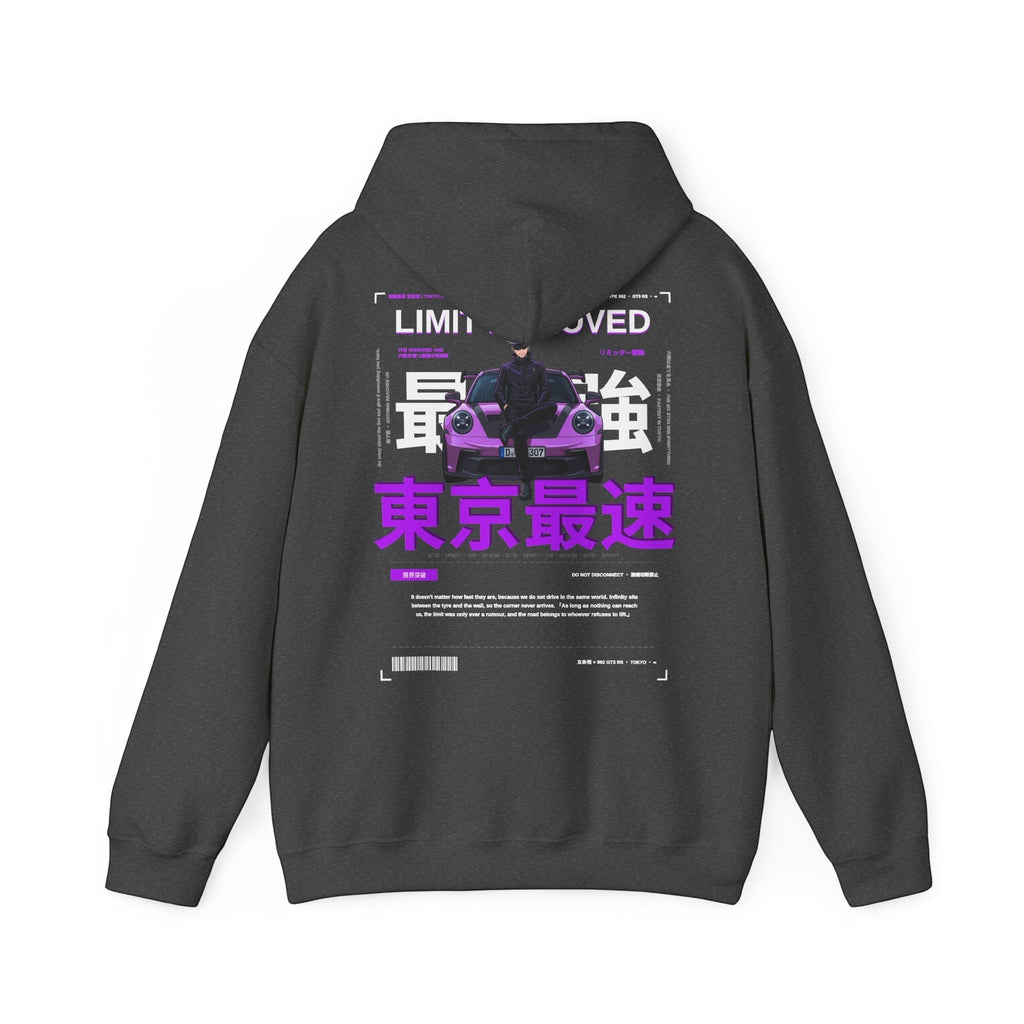 Avenue black hoodie featuring a back graphic of a purple sports car with Japanese kanji and street racing text.