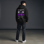 Avenue black hoodie with Tokyo speed graphic on the back featuring a sports car and kanji, worn by a man from behind.