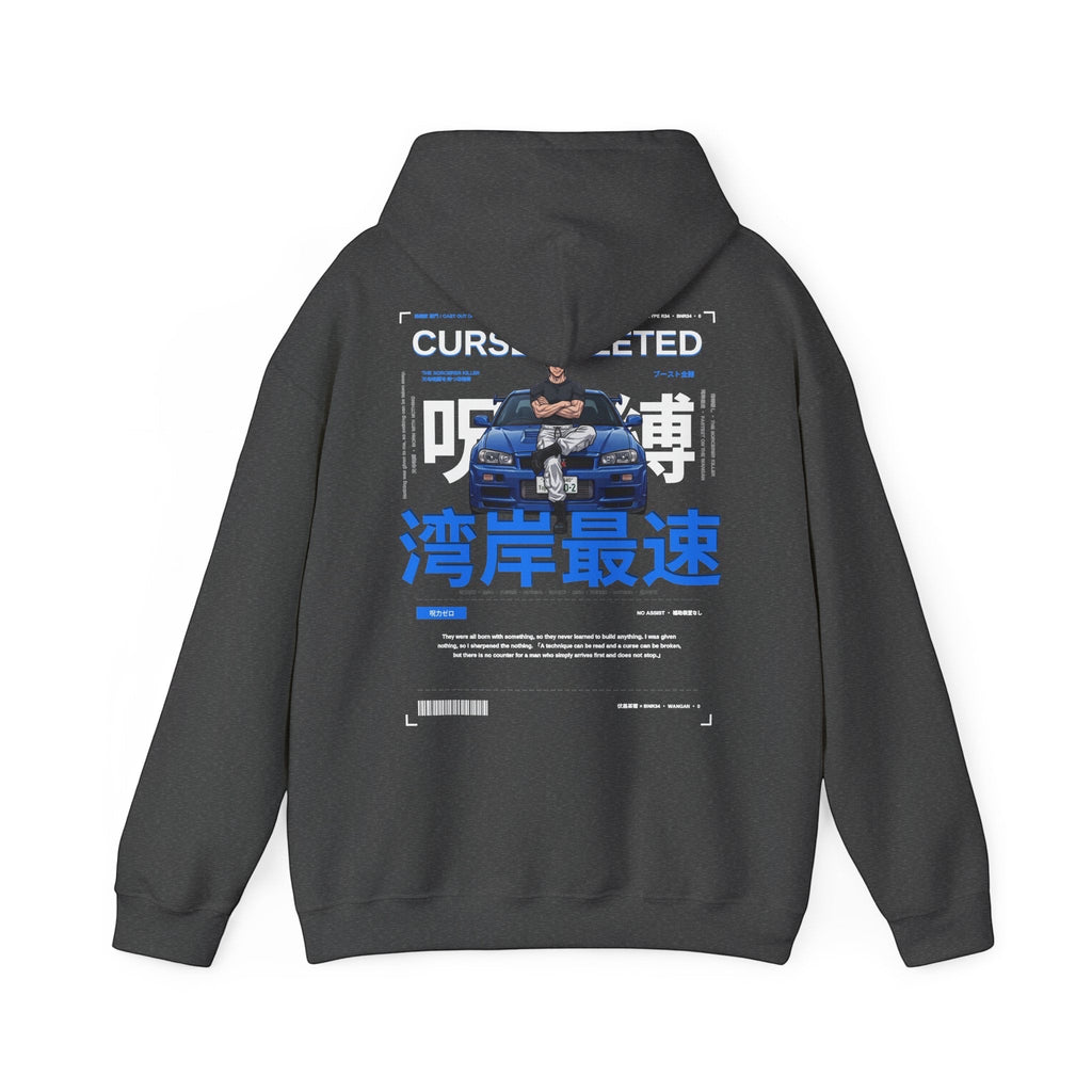 Avenue charcoal grey cotton-poly hoodie featuring a back graphic of a blue R34 car with Japanese text and street art.