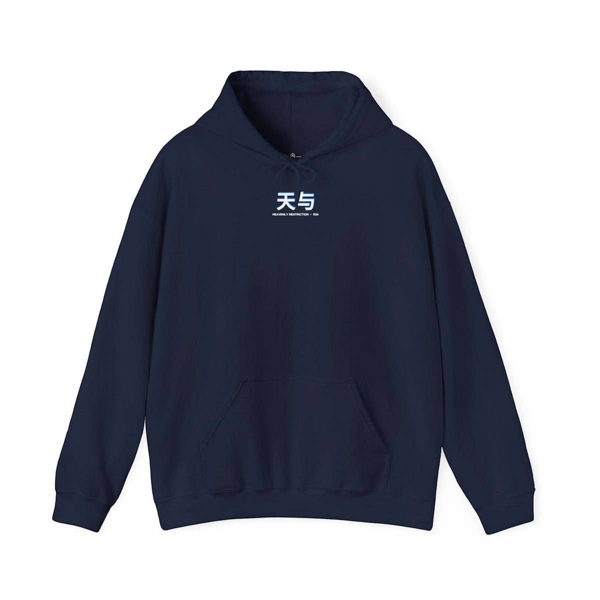 Avenue navy blue cotton-poly hoodie featuring white Japanese character embroidery on the chest and a kangaroo pocket.