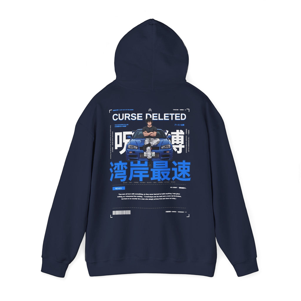 Avenue navy blue cotton-blend hoodie featuring a back graphic of a driver and R34 car with electric-blue text.